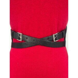 Black Faux Leather Double Cross Elastic Waist Belt Snap Closures Adjustable Fit